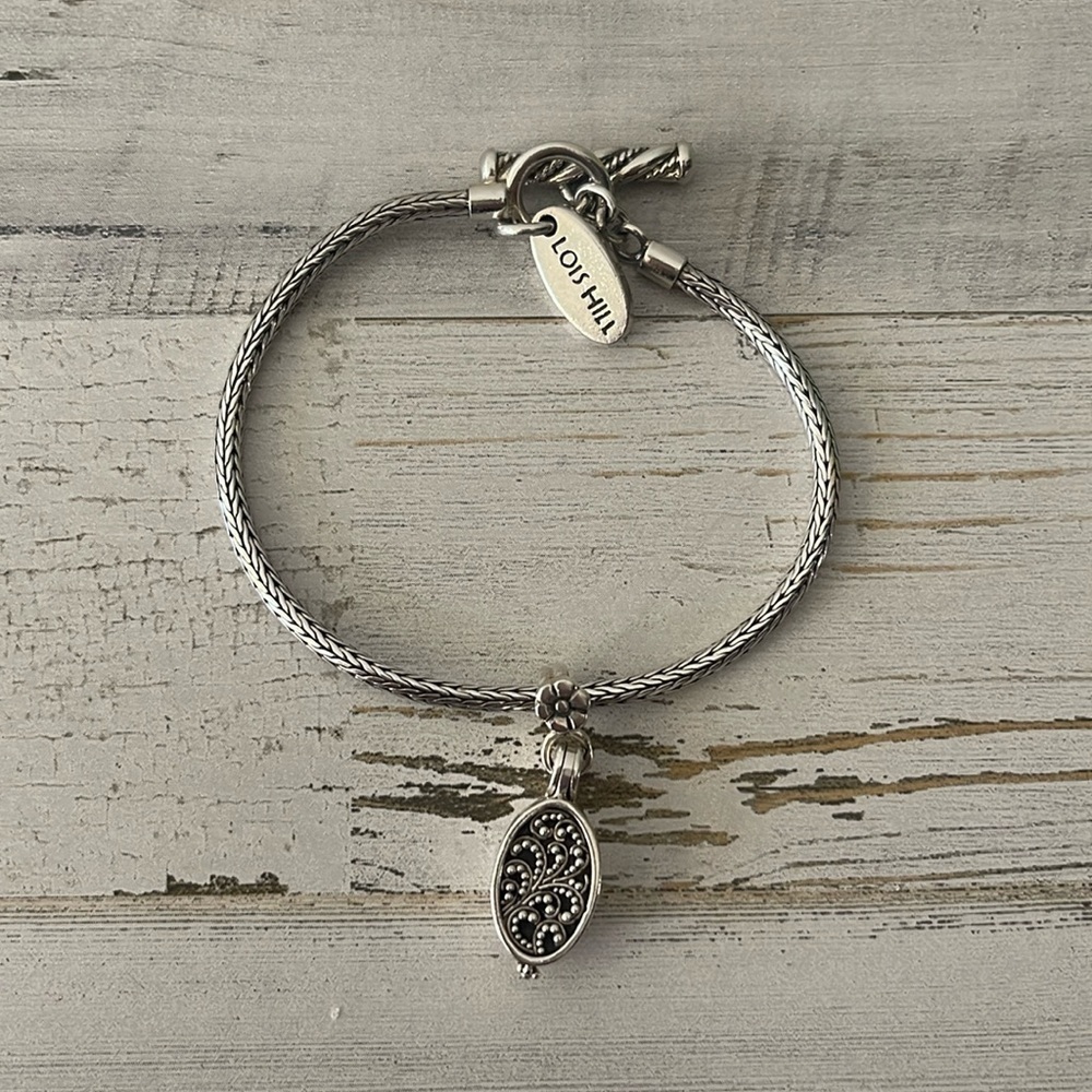 Lois Hill Sterling Silver Locket Charm Toggle Bracelet 925 Filigree Wheat Chain - Picture 2 of 9